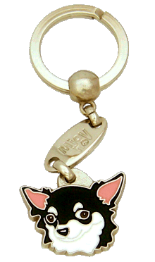 CHIHUAHUA LONG HAIRED BLACK AND WHITE <br> (keyring, engraving included)